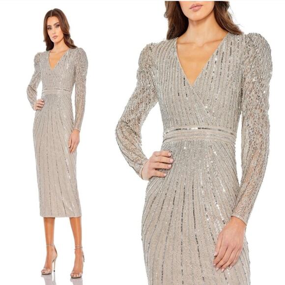 Mac Duggal 93676 V Neck Beaded Lace Midi Long Sleeve Dress Silver Taupe Size 8 - Picture 1 of 9